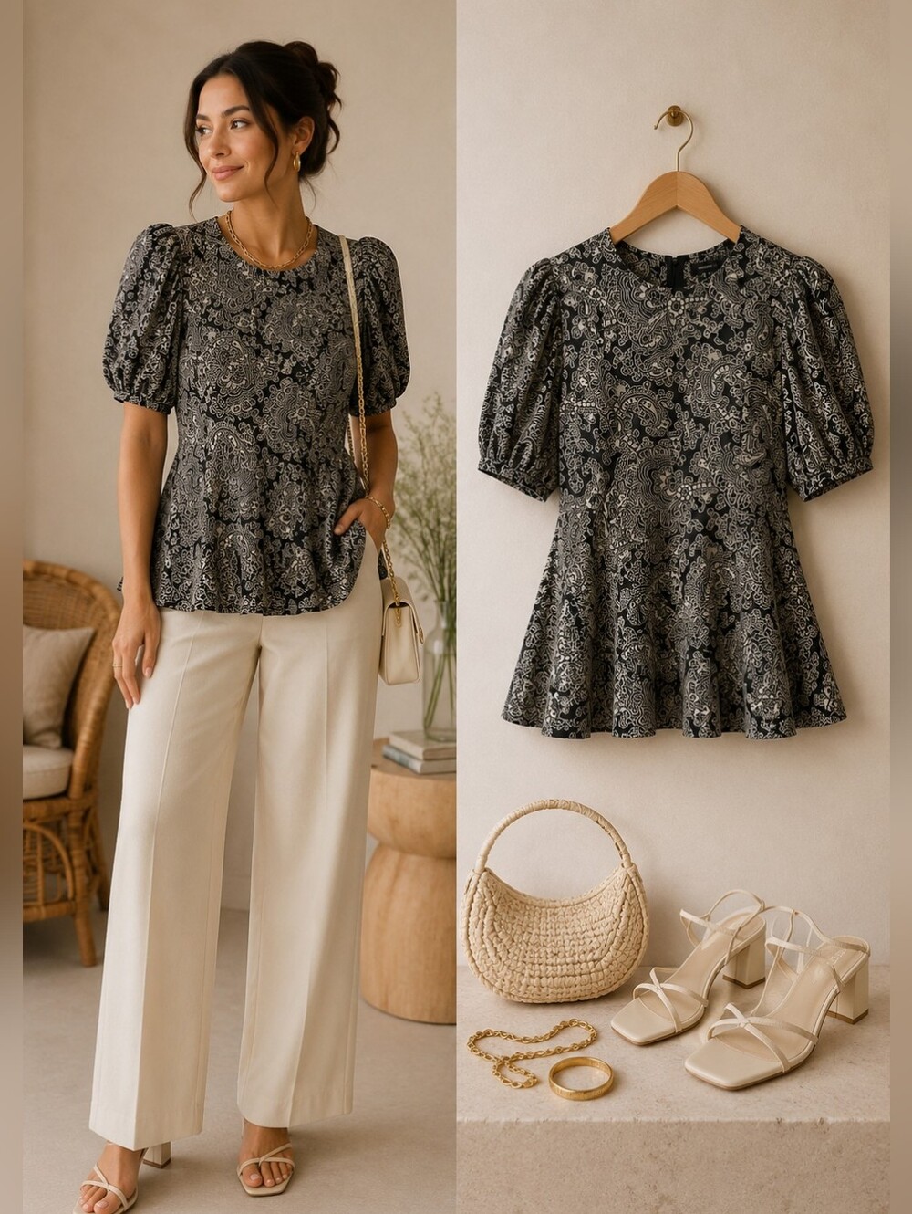 La Maison Simons 100% Silk Paisley Princess Seam Blouse Puff Sleeves Size 12